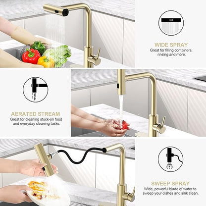 AVSIILE Brushed Gold Waterfall Kitchen Faucets with Pull Down Sprayer & Soap Dispenser, Single Hole & Handle, Pull Out Tap, Stainless Steel Sink Faucet, Suitable for Farmhouse Camper Laundry Rv Bar