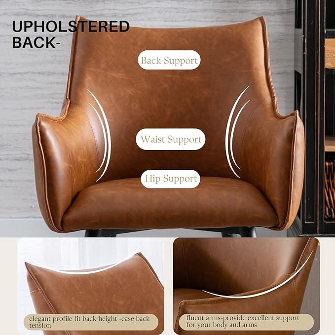 Brown Leather Counter Stools Set o f 6, Mid Century Modern Upholstered Kitchen Chairs with Arms and Black Metal Legs 26” Height Stools with Back for Dining Room Home Pub Faux Leather in Brown