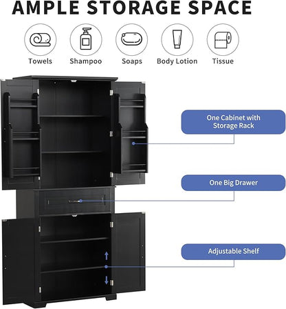 Storage Cabinet with 4 Doors and Drawers, 72.2" H Kitchen Cabinet with 6 Door Shelves, Kitchen Storage Cabinets with Adjustable Shelves for Living Room, Black