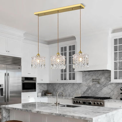 3-Light Brass Vintage Glass Pendant, Crystal Pendant Light, Adjustable Height Lighting for Kitchen Island, Dining Room, Farmhouse, Living Room(Long Chassis)