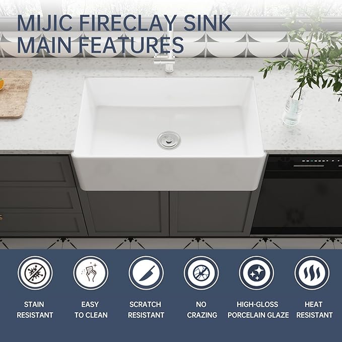 Farmhouse Sink, 33 Inch Large Undermount Kitchen Sink, 10" Deep Apron Front Farm Sinks, Ceramics White Single Bowl, Heavy Duty, Easy to Clean 33" x 20" x10"