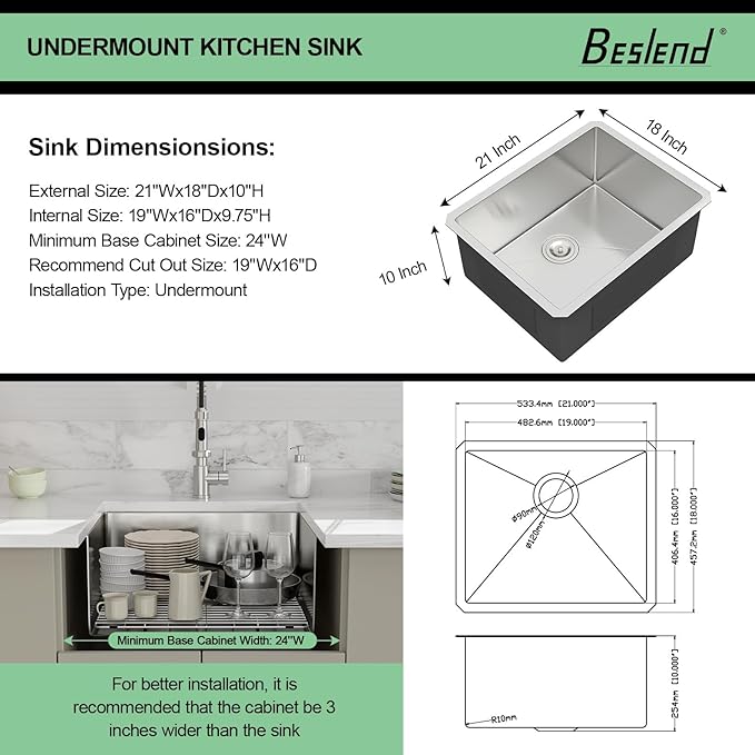 21 Inch Undermount Kitchen Sink - Beslend 21x18x10 Inch Undermount Sink Stainless Steel Under Counter Sinks 16 Gauge Round Corner Sink Single Bowl Bar Sink
