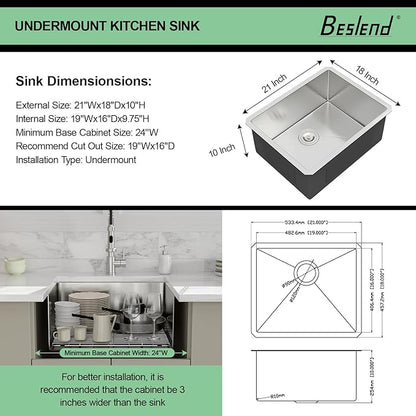 21 Inch Undermount Kitchen Sink - Beslend 21x18x10 Inch Undermount Sink Stainless Steel Under Counter Sinks 16 Gauge Round Corner Sink Single Bowl Bar Sink