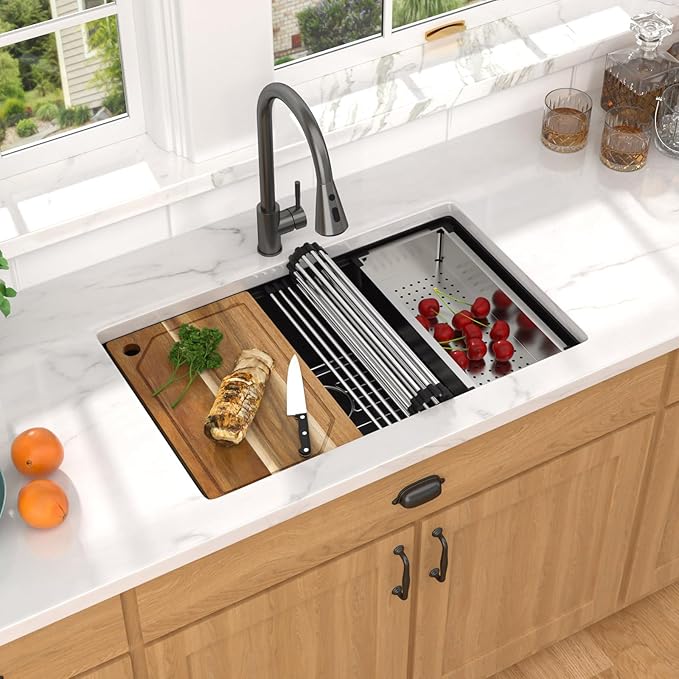 Granite Composite Kitchen Sink - 30 Inch Granite Kitchen Sink Undermount Workstation Matte Black Quartz Under Counter Single Bowl Sinks Basin All-In One, 30"x19" #TLGU-136