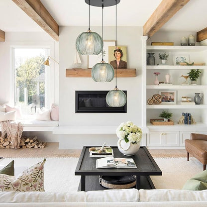3-Light Cluster Pendant Lighting, Mid Century Modern Chandelier with Hand Blown Green Glass, Adjustable Kitchen Island Hanging Light for Dining Room, Bedroom, Living Room