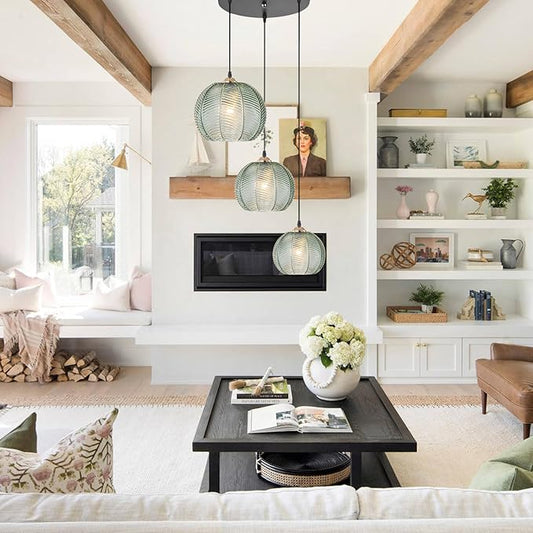 3-Light Cluster Pendant Lighting, Mid Century Modern Chandelier with Hand Blown Green Glass, Adjustable Kitchen Island Hanging Light for Dining Room, Bedroom, Living Room
