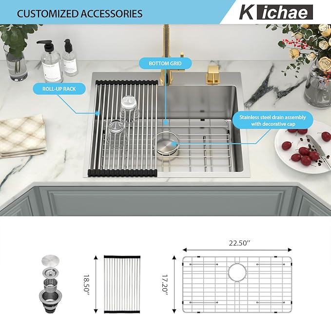 Kichae 25 Inch Drop In Kitchen Sink - 25x22 Drop Sink Stainless Steel 16 Gauge Single Bowl Topmount Deep Basin Drop Kitchen Sinks Round Corner Handmade Sink
