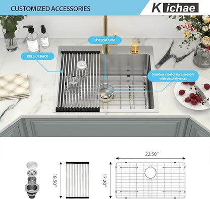 Kichae 25 Inch Drop In Kitchen Sink - 25x22 Drop Sink Stainless Steel 16 Gauge Single Bowl Topmount Deep Basin Drop Kitchen Sinks Round Corner Handmade Sink