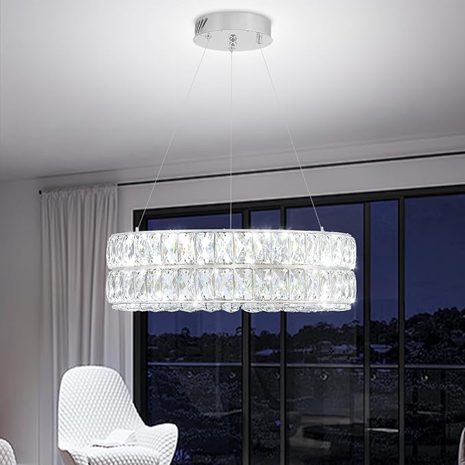 Led Ring Crystal Chandelier for Living Room, Modern Dimmable 15.7" Silver Crystal Chandeliers Lighting Adjustable Hanging Pendant Light for Dining Room