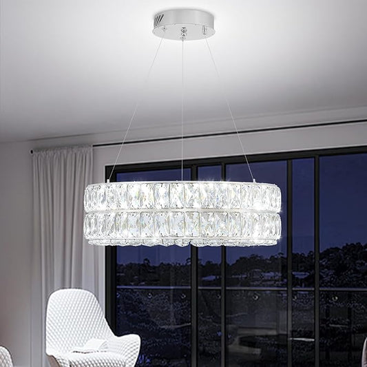 Led Ring Crystal Chandelier for Living Room, Modern Dimmable 15.7" Silver Crystal Chandeliers Lighting Adjustable Hanging Pendant Light for Dining Room