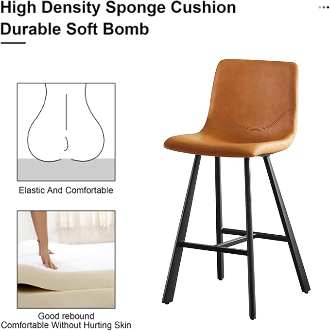 26" Counter Height Bar Stools Set of 2,Faux Leather Barstools with Ergonomic Backrest & Footrest, Sturdy Black Metal Frame PU Bar Chairs for Kitchen Island, Home Bar, Restaurant (Cognac)