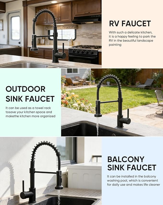 OWOFAN Black Kitchen Faucet with Pull Down Sprayer Stainless Steel Commercial Single Handle Classic Spring Pull Out Kitchen Sink Faucet for Pot Filler Farmhouse Camper Bar Laundry Room 866080R
