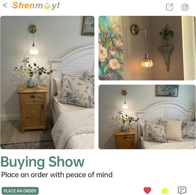 Shenmoyl Vintage Wall Sconce with White Tulip Shade Pattern Glass Adjustable Chain Retro Gold Wall Mounted Light, Modern Wall Lamp Fixtures Decor for Bedside Bedroom Indoor Doorway
