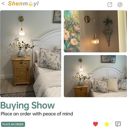 Shenmoyl Vintage Wall Sconce with White Tulip Shade Pattern Glass Adjustable Chain Retro Gold Wall Mounted Light, Modern Wall Lamp Fixtures Decor for Bedside Bedroom Indoor Doorway