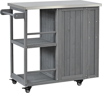 MERITLINE Outdoor Kitchen Island with Stainless Steel Top, Lockable Wheels & Towel Rack, Mobile BBQ Prep Cart with Hidden Cabinet, Drawer, Shelves for Patio, Garden, Backyard, Grey