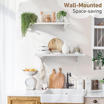 Wooden Floating Shelves for Wall, 22.6" W x 6" D x 0.8" H Large Wall Shelves, Hanging Storage Shelf with Hooks for Living Room, Kitchen, Bathroom, Bedroom Decor, White, 2 Packs