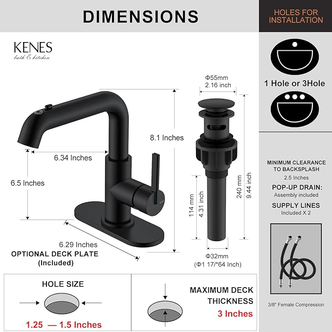 KENES Matte Black Bathroom Faucet with Pull Down Sprayer, Single Handle Bathroom Sink Faucet with Pull Out Sprayer, Vanity Bar Faucet with Pop Up Drain & Deck Plate, LJ-9055A-2