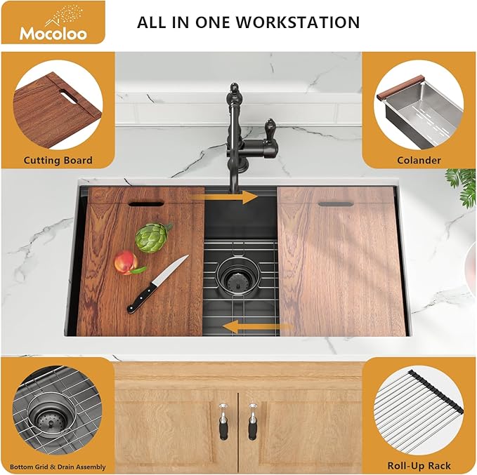 Mocoloo 32 Inch Undermount Kitchen Sink, 32x19 Gunmetal Black Stainless Steel Workstation Sink, 16 Gauge Modern Single Bowl 10'' Deep Kitchen Basin