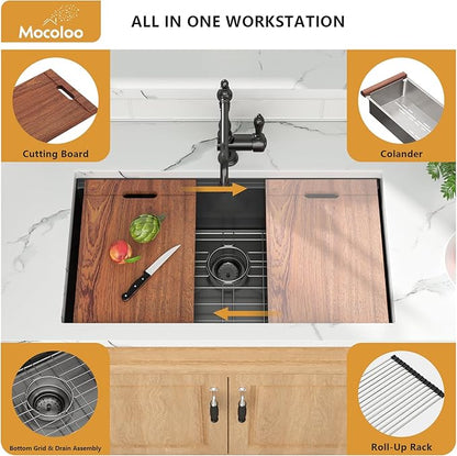 Mocoloo 32 Inch Undermount Kitchen Sink, 32x19 Gunmetal Black Stainless Steel Workstation Sink, 16 Gauge Modern Single Bowl 10'' Deep Kitchen Basin