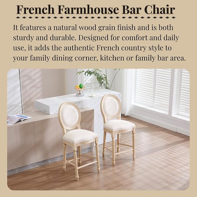 French Country Upholstered Bar Stools Set of Two, Natural Rattan Round Backrest, Solid Wood Frame with Carving and Wire Drawing Techniques, Vintage Dining Chairs for Kitchen Island (Beige B)