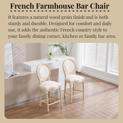 French Country Upholstered Bar Stools Set of Two, Natural Rattan Round Backrest, Solid Wood Frame with Carving and Wire Drawing Techniques, Vintage Dining Chairs for Kitchen Island (Beige B)