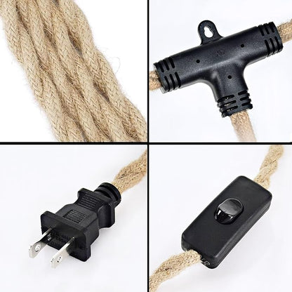 2-Light Plug in Pendant Light with Black Metal Cage Lampshade Ø20cm, E26/E27 Hemp Rope Vintage Hanging Lights Kit with Plug in Cord 19.68ft for Dining Room Living Room, No Bulb