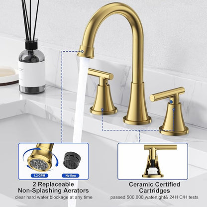 Bathroom Faucets for Sink 3 Hole, Hurran Brushed Gold Bathroom Sink Faucet with Pop-up Drain and Supply Lines, Stainless Steel Lead-Free Widespread Faucet for Vanity RV Farmhouse Sink