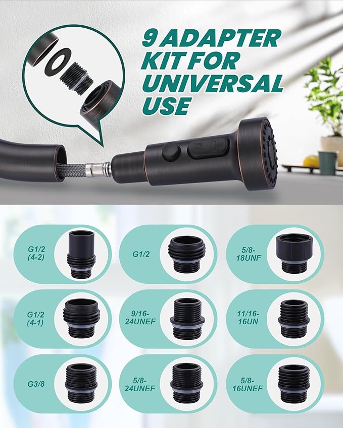 Pull Down Faucet Head Replacement: 3-Function Kitchen Faucet Head with 9 Adapters - Oil Rubbed Bronze Kitchen Sink Spray Replacement Compatible with Moen, Delta, American Standard Faucets