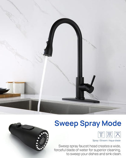 Metal Kitchen Faucet Head Replacement – 3 Mode Kitchen Sink Sprayer Replacement with 15 Nozzle Adapters, Durable Pull Down Spray Head for Kitchen Sink (Stream/Spray/Blade),Stainless Steel, Matte Black