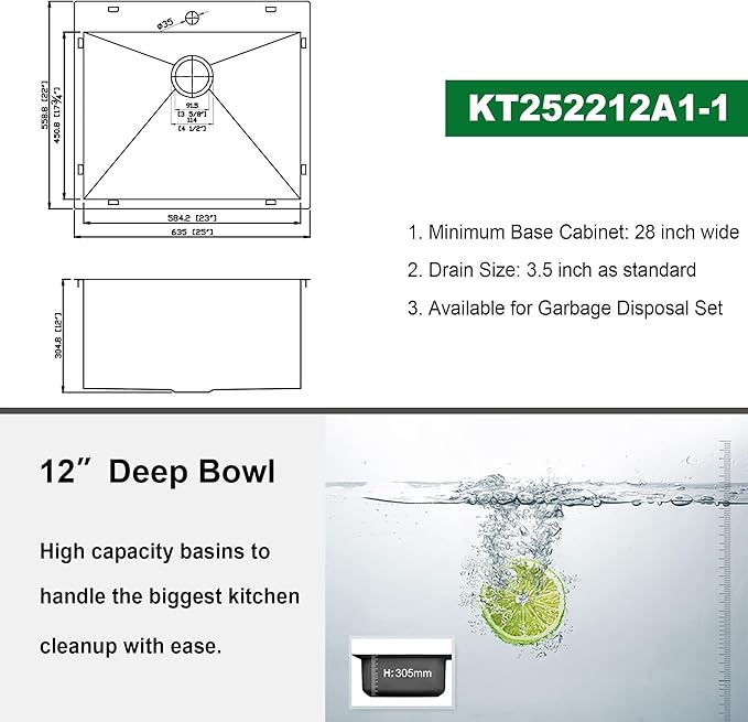 Kichae 25 Inch Laundry Sink - 25x22 Kitchen Sink Drop In Utility Sink 12" Deep Sink Topmount Single Bowl Stainless Steel RV Laundry Sinks Handmade with Accessories