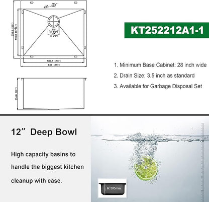 Kichae 25 Inch Laundry Sink - 25x22 Kitchen Sink Drop In Utility Sink 12" Deep Sink Topmount Single Bowl Stainless Steel RV Laundry Sinks Handmade with Accessories
