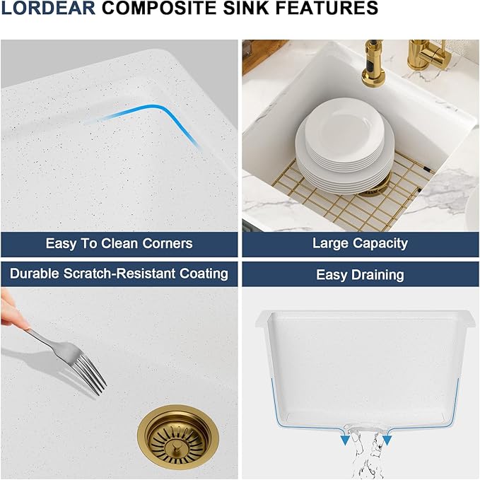 Lordear 18 Inch White Kitchen Sink Granite Composite Undermount Bar Workstation 18x18 White Quartz Sinks Under Counter Single Bowl with Classic Gold Accessories