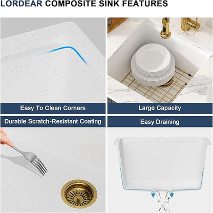 Lordear 18 Inch White Kitchen Sink Granite Composite Undermount Bar Workstation 18x18 White Quartz Sinks Under Counter Single Bowl with Classic Gold Accessories