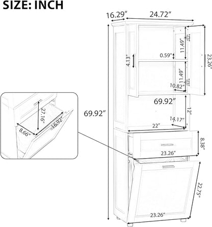 70" Tall Bathroom Storage Cabinet with Two Doors and Drawer, Open Space and Laundry Hampers for Home Display Organizer, Removable Laundry Basket, Adjustable Shelf, Gray