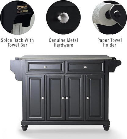 Crosley Furniture Cambridge Stainless Steel Top Rolling Kitchen Island Storage Cart, Spice Rack, Black