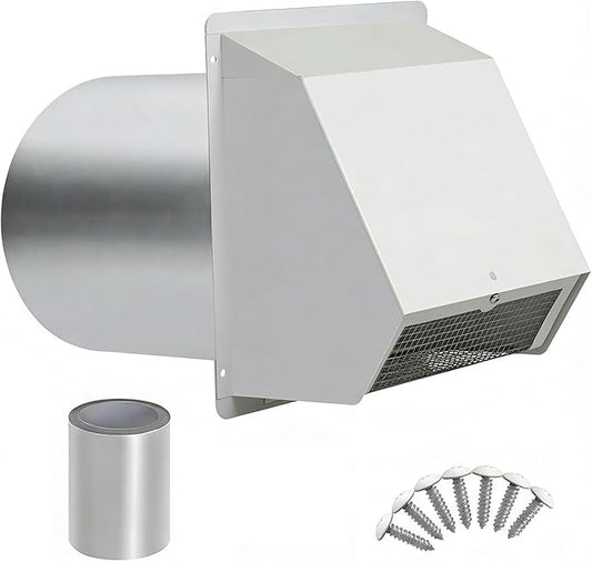 6 Vent Hood Wall Exhaust with Damper 6 Inch Hooded Wall Vent Cover with Screen and Damper, Galvanized Steel Dryer Vent Cover for Range Hood Kitchen Air Ventilation