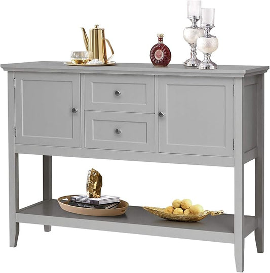 Giantex Buffet Sideboard, Wood Storage Cabinet, Console Table with Storage Shelf, 2 Drawers and Cabinets, Living Room Kitchen Dining Room Furniture, Wood Buffet Server (Grey)