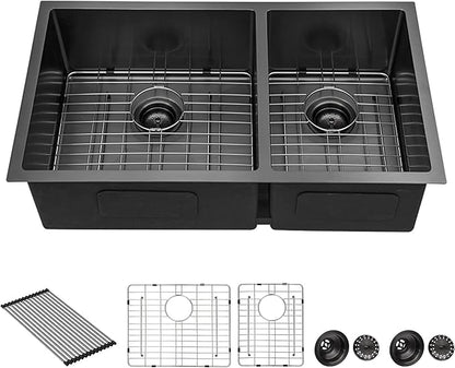 Sarlai 33 Black Kitchen Sink - 33 inch Undermount Kitchen Sink Double Bowl Gunmetal Black 16 Gauge Stainless Steel Double Sinks 60/40 Undermount Basin