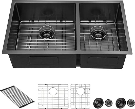 Sarlai 33 Black Kitchen Sink - 33 inch Undermount Kitchen Sink Double Bowl Gunmetal Black 16 Gauge Stainless Steel Double Sinks 60/40 Undermount Basin