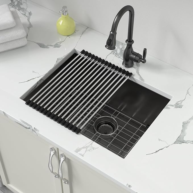 Sarlai 12“ Deep Laundry Sink Undermount - 24 Inch Black Undermount Kitchen Sink Utility Laundry Sinks Stainless Steel Single Bowl Under Counter Handmade Laundry Utility Room Basin