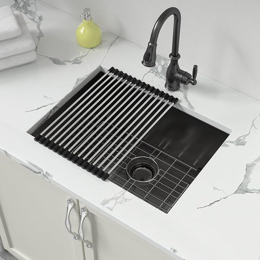 Sarlai 12“ Deep Laundry Sink Undermount - 24 Inch Black Undermount Kitchen Sink Utility Laundry Sinks Stainless Steel Single Bowl Under Counter Handmade Laundry Utility Room Basin