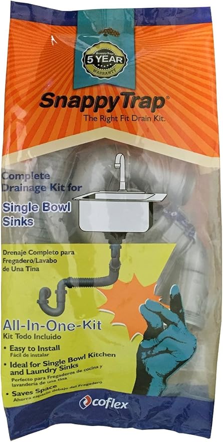 Snappy Trap Single Kitchen Sink Drain Kit, 1-1/2" with Flexible P-Trap, All-in-One Drain Kit for Single Bowl Kitchen Sinks, Universal Compatibility, No-Tool Easy Installation (DK-100 Silver)