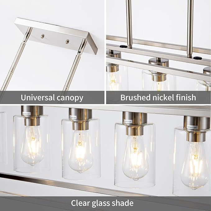 6 Light Brushed Nickel Dining Room Light Fixture Modern Farmhouse Chandelier Linear Hanging Pendant Lighting Rectangle for Kitchen Living Room Adjustable Height with Glass Shade