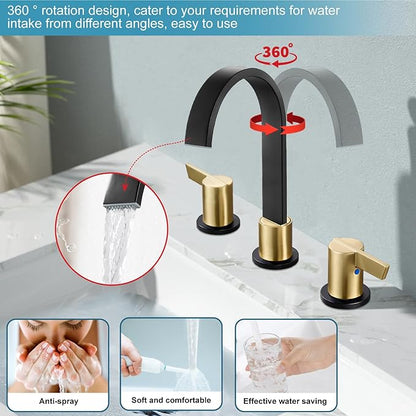 Midanya 8 inch Widespread Bathroom Sink Faucet,Modern Waterfall 3 Hole 2 Handles Bathroom Faucet 8" Vanity Faucets with Pop Up Drain and Water Supply Lines,Matte Black and Brushed Gold Handle