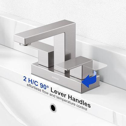 Bathroom Sink Faucet, Hurran 4 inch Brushed Nickel Bathroom Faucets for Sink 3 Hole with Pop-up Drain and Supply Lines, Stainless Steel 2-Handle Lead-Free Faucet for Vanity RV Restroom