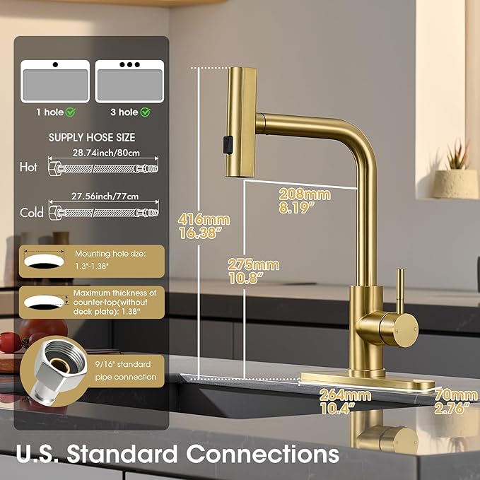 Waterfall Kitchen Faucet with Pull Down Sprayer, ARTIQUA Brushed Gold Single Handle Kitchen Sink Faucet with Deck Plate Fits 1 or 3 Hole, for Bar RV Laundry Farmhouse Outdoor and Camper