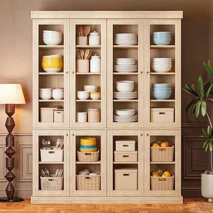70.8" Farmhouse Kitchen Pantry Cabinet with Glass Doors, Modular Storage Cabinet with 6-Tier Adjustable Shelves, Large Storage Cabinet for Kitchen or Living Room, Set of 2, Brown
