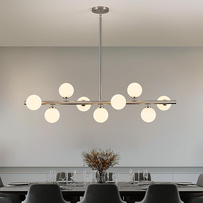 Mid Century Modern Globe Sputnik Chandelier, 9-Light Linear Chandeliers for Dining Room and Kitchen Island, Dining Light Fixture Over Table, Nickel and Milk White Glass Bubble, 40 Inch