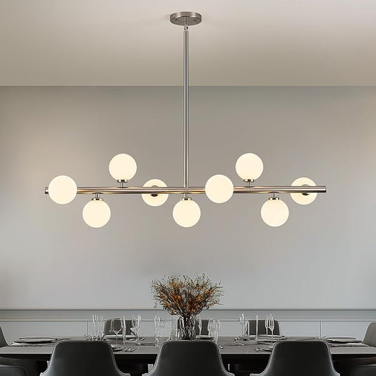 Mid Century Modern Globe Sputnik Chandelier, 9-Light Linear Chandeliers for Dining Room and Kitchen Island, Dining Light Fixture Over Table, Nickel and Milk White Glass Bubble, 40 Inch