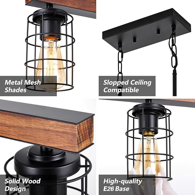 Kitchen Island Lighting,Farmhouse Dining Room Light Fixtures,Rustic Linear Pendant Lighting for Kitchen Island Dining Living Room,Black Metal & Wood
